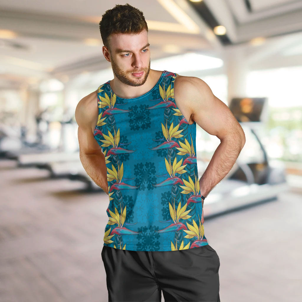 Hawaii Waikiki King Men Tank Top Blue Quilt With Pua Manu LT05 Blue - Polynesian Pride
