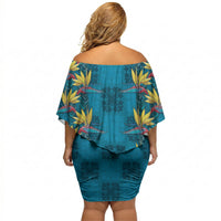 Hawaii Waikiki King Off Shoulder Short Dress Blue Quilt With Pua Manu LT05 - Polynesian Pride