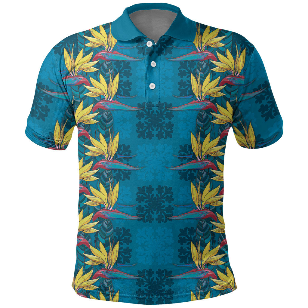 Hawaii Waikiki King Polo Shirt Blue Quilt With Pua Manu LT05 Blue - Polynesian Pride
