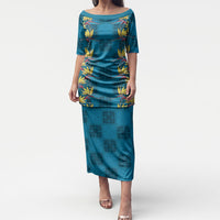 Hawaii Waikiki King Puletasi Blue Quilt With Pua Manu LT05 Long Dress Blue - Polynesian Pride