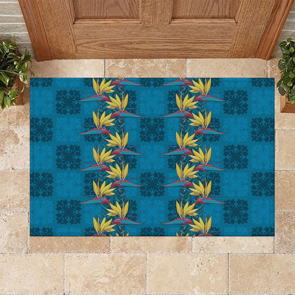 Hawaii Waikiki King Rubber Doormat Blue Quilt With Pua Manu LT05 Blue - Polynesian Pride