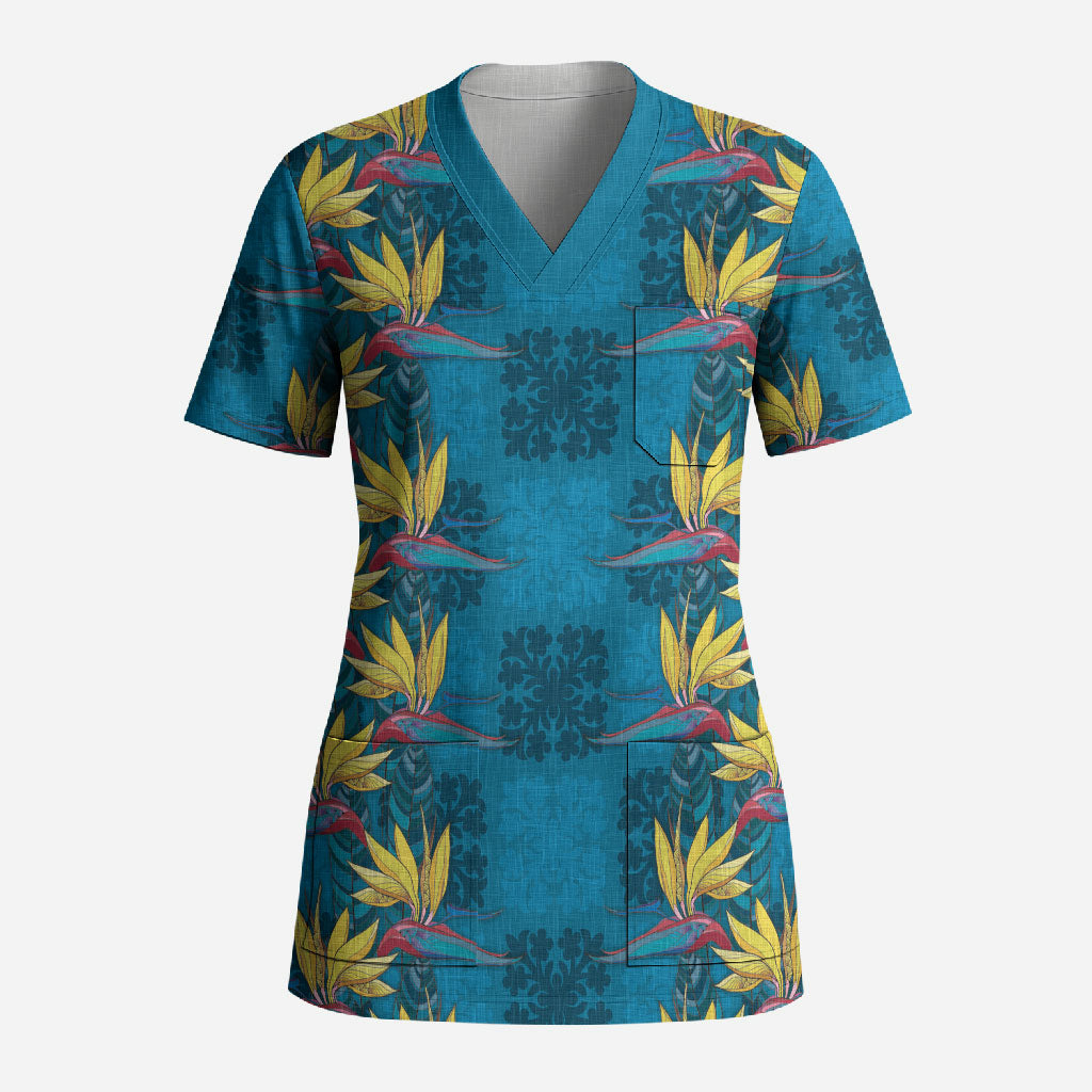 Hawaii Waikiki King Scrub Top Blue Quilt With Pua Manu