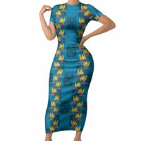 Hawaii Waikiki King Short Sleeve Bodycon Dress Blue Quilt With Pua Manu LT05 Long Dress Blue - Polynesian Pride