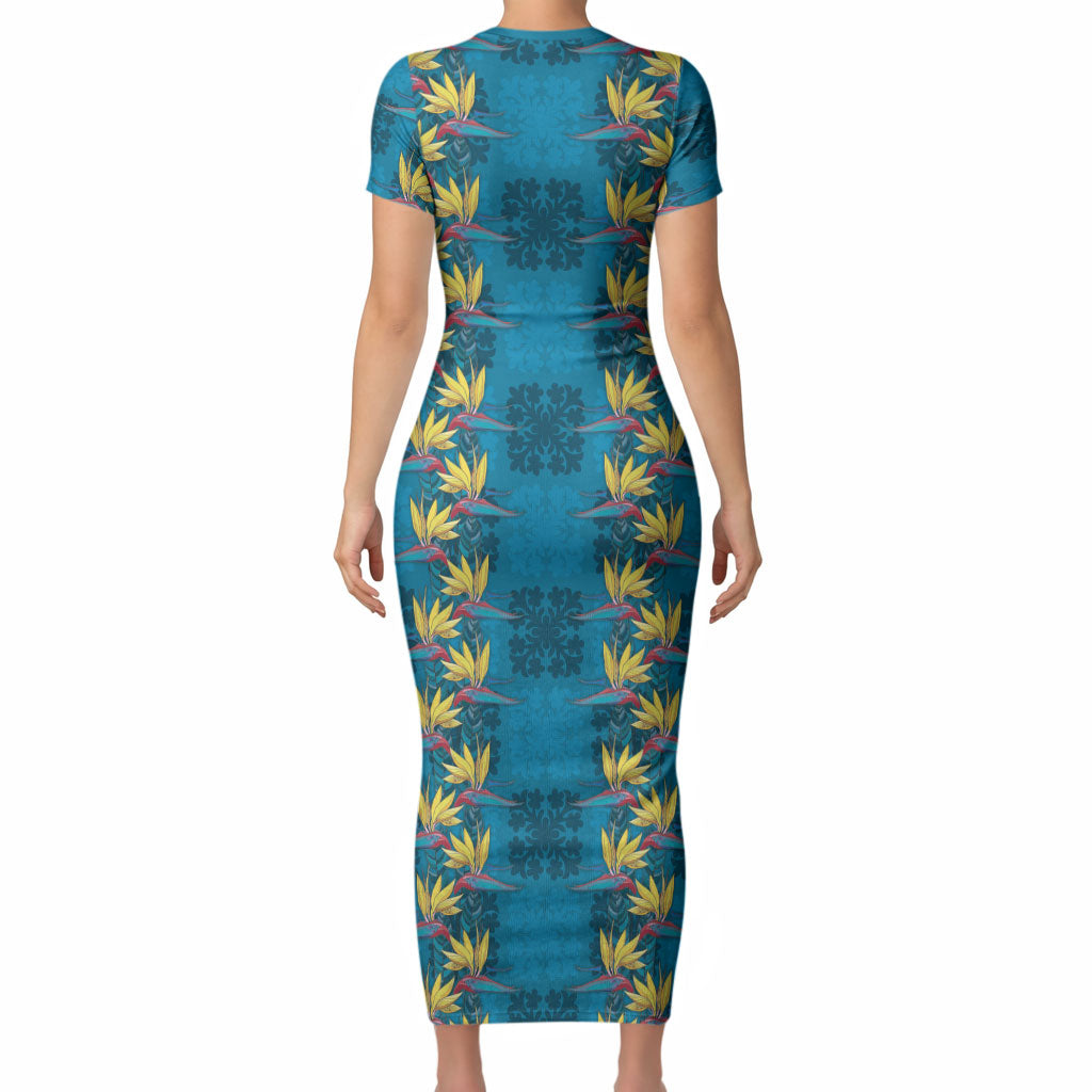 Hawaii Waikiki King Short Sleeve Bodycon Dress Blue Quilt With Pua Manu LT05 - Polynesian Pride