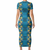 Hawaii Waikiki King Short Sleeve Bodycon Dress Blue Quilt With Pua Manu LT05 - Polynesian Pride