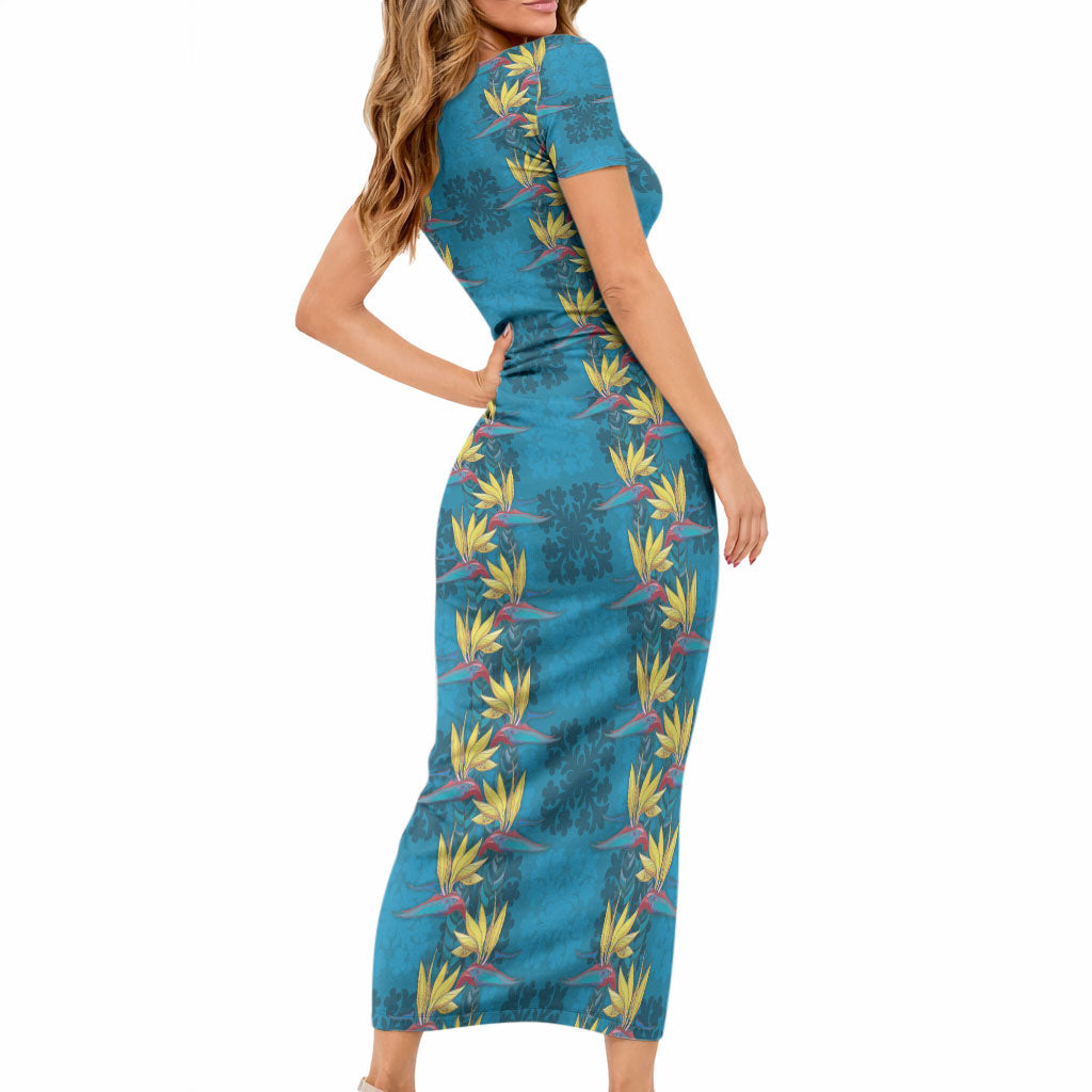 Hawaii Waikiki King Short Sleeve Bodycon Dress Blue Quilt With Pua Manu LT05 - Polynesian Pride