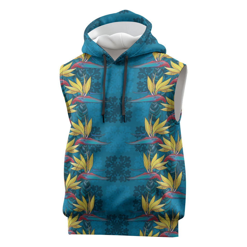 Hawaii Waikiki King Sleeveless Hoodie Blue Quilt With Pua Manu