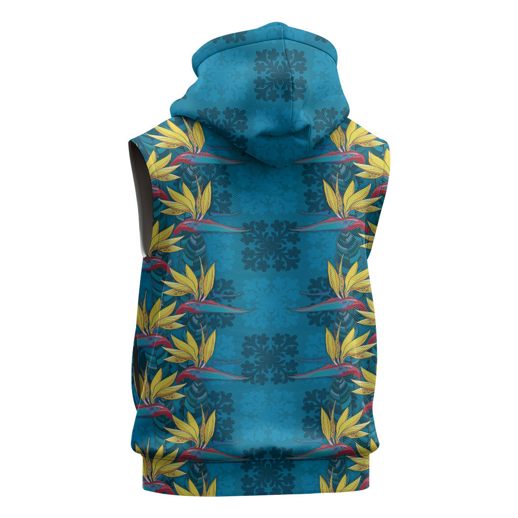 Hawaii Waikiki King Sleeveless Zip Hoodie Blue Quilt With Pua Manu LT05 - Polynesian Pride