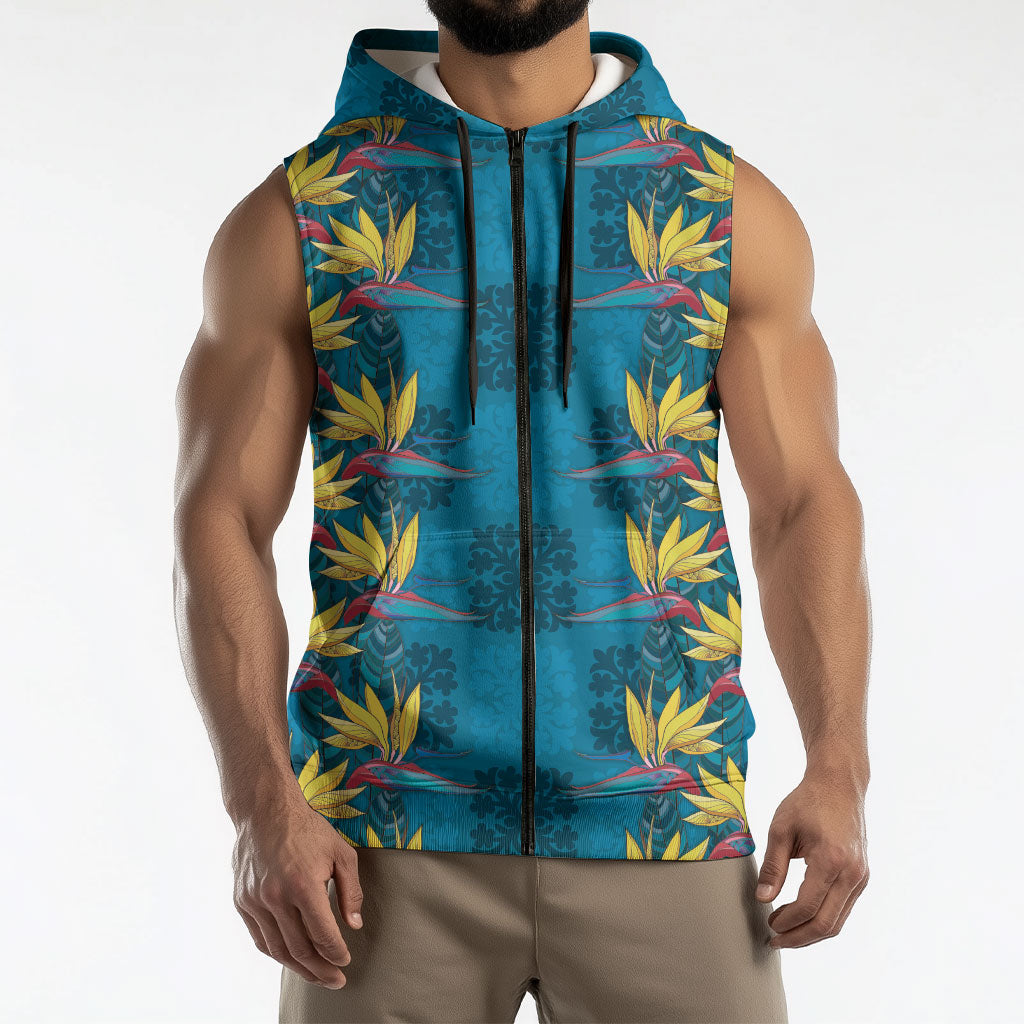 Hawaii Waikiki King Sleeveless Zip Hoodie Blue Quilt With Pua Manu LT05 - Polynesian Pride
