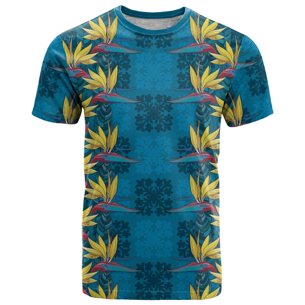 Hawaii Waikiki King T Shirt Blue Quilt With Pua Manu LT05 Blue - Polynesian Pride