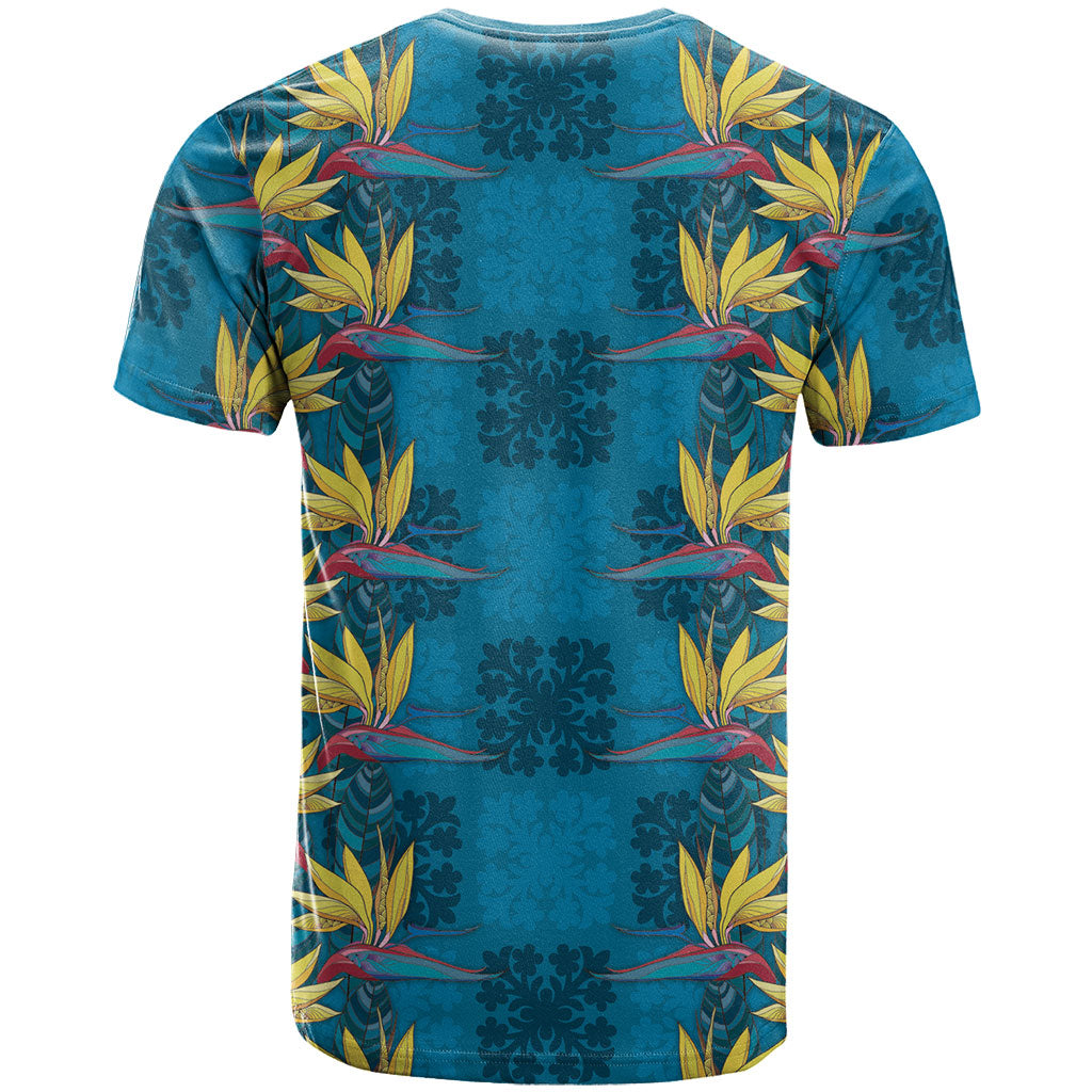 Hawaii Waikiki King T Shirt Blue Quilt With Pua Manu LT05 - Polynesian Pride