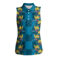 Hawaii Waikiki King Women Sleeveless Polo Shirt Blue Quilt With Pua Manu LT05 Female Blue - Polynesian Pride