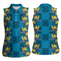 Hawaii Waikiki King Women Sleeveless Polo Shirt Blue Quilt With Pua Manu LT05 - Polynesian Pride