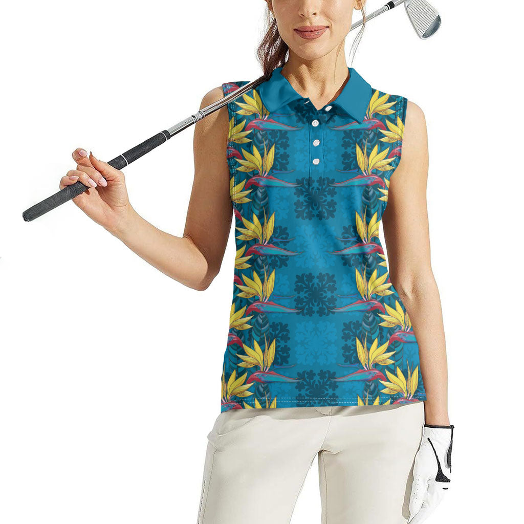 Hawaii Waikiki King Women Sleeveless Polo Shirt Blue Quilt With Pua Manu LT05 - Polynesian Pride