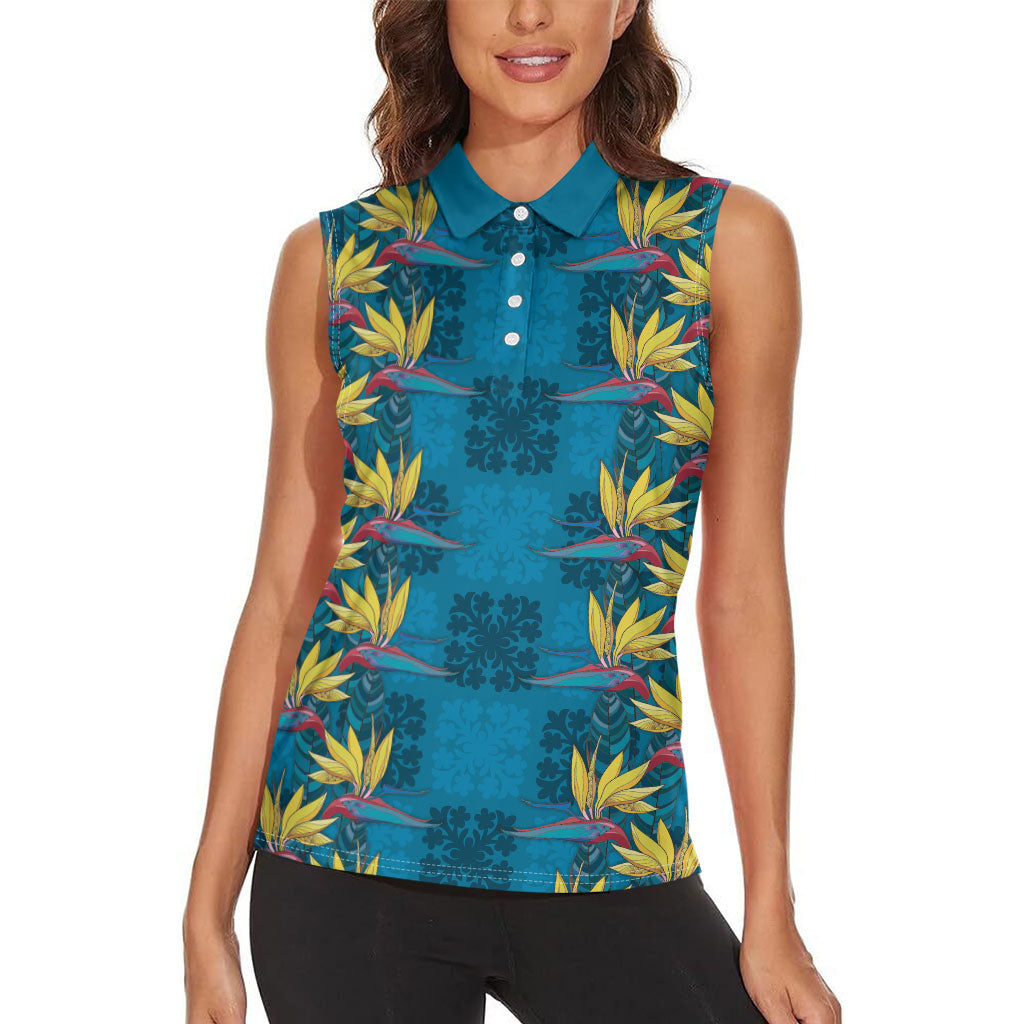 Hawaii Waikiki King Women Sleeveless Polo Shirt Blue Quilt With Pua Manu LT05 - Polynesian Pride