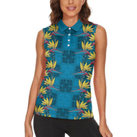 Hawaii Waikiki King Women Sleeveless Polo Shirt Blue Quilt With Pua Manu LT05 - Polynesian Pride