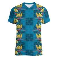 Hawaii Waikiki King Women V-Neck T-Shirt Blue Quilt With Pua Manu LT05 Female Blue - Polynesian Pride