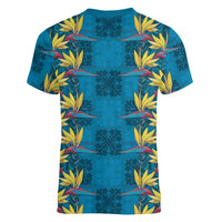 Hawaii Waikiki King Women V-Neck T-Shirt Blue Quilt With Pua Manu LT05 - Polynesian Pride