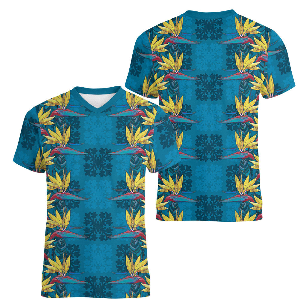 Hawaii Waikiki King Women V-Neck T-Shirt Blue Quilt With Pua Manu LT05 - Polynesian Pride