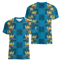Hawaii Waikiki King Women V-Neck T-Shirt Blue Quilt With Pua Manu LT05 - Polynesian Pride