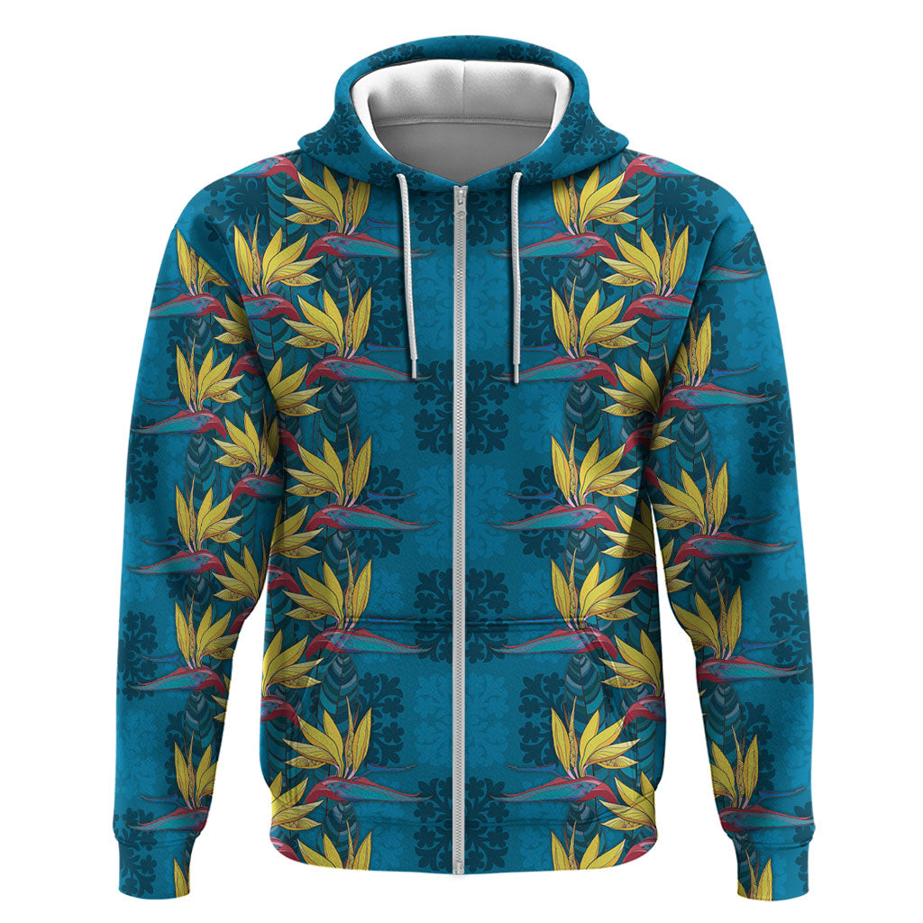Hawaii Waikiki King Zip Hoodie Blue Quilt With Pua Manu LT05 Zip Hoodie Blue - Polynesian Pride