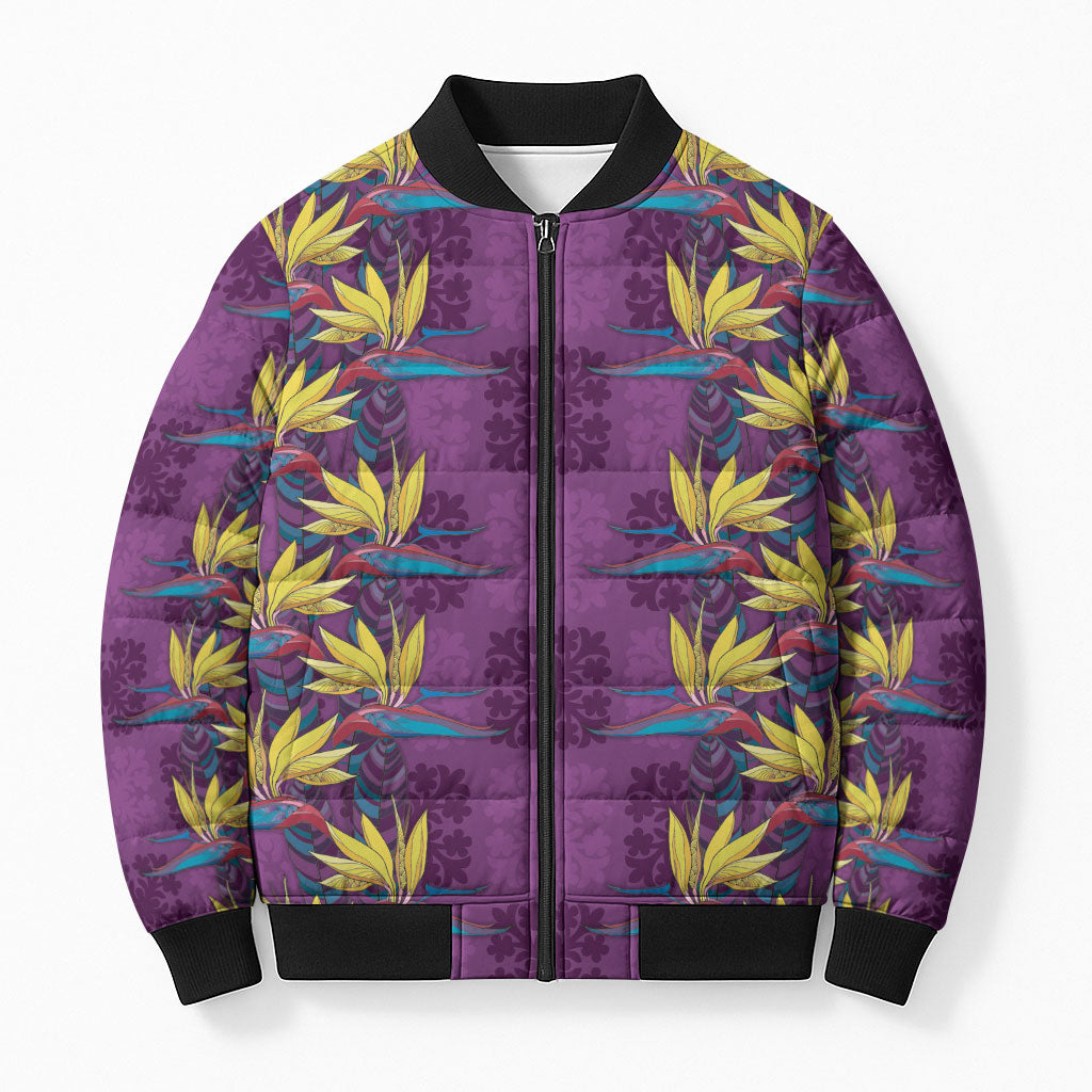 Hawaii Waikiki King Bomber Puffer Jacket Purple Quilt With Pua Manu LT05 Unisex Purple - Polynesian Pride