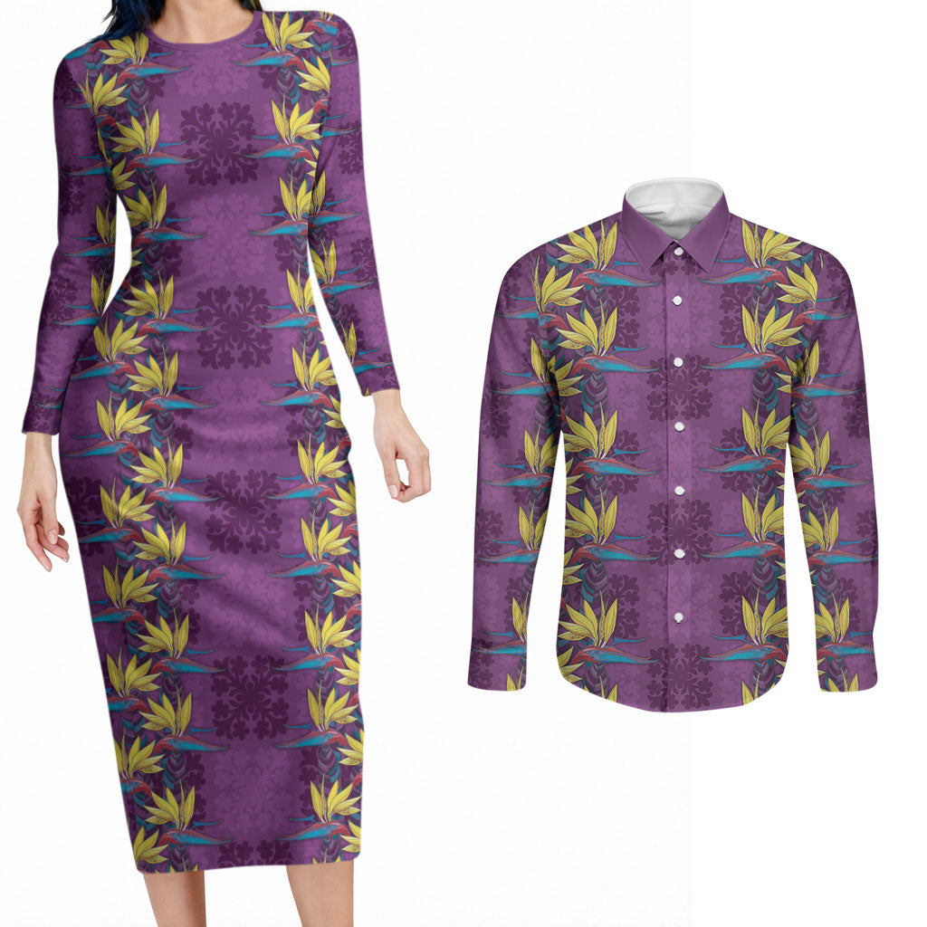Hawaii Waikiki King Couples Matching Long Sleeve Bodycon Dress and Long Sleeve Button Shirt Purple Quilt With Pua Manu LT05 Purple - Polynesian Pride