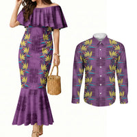 Hawaii Waikiki King Couples Matching Mermaid Dress and Long Sleeve Button Shirt Purple Quilt With Pua Manu LT05 Purple - Polynesian Pride