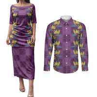 Hawaii Waikiki King Couples Matching Puletasi and Long Sleeve Button Shirt Purple Quilt With Pua Manu LT05 Purple - Polynesian Pride