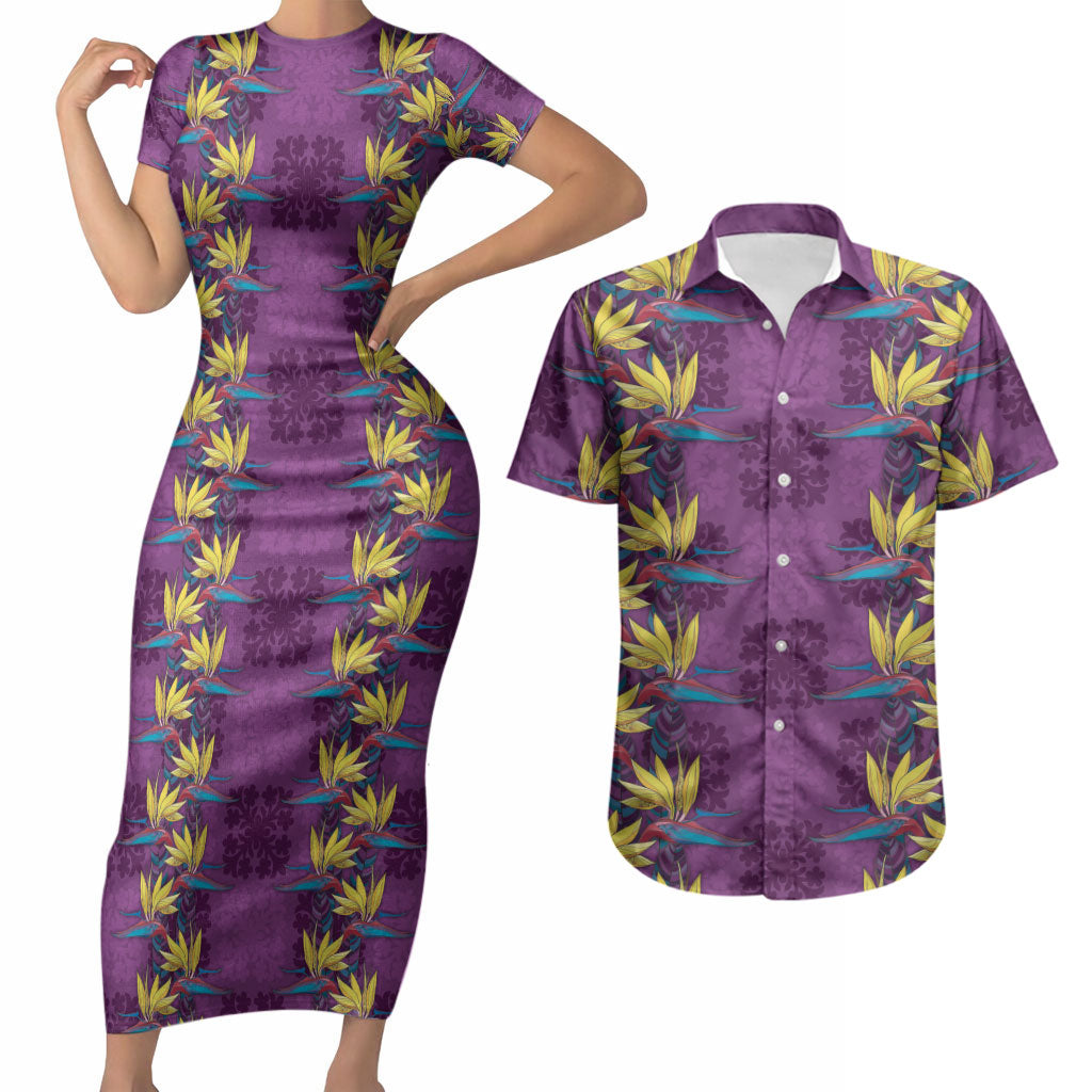 Hawaii Waikiki King Couples Matching Short Sleeve Bodycon Dress and Hawaiian Shirt Purple Quilt With Pua Manu LT05 Purple - Polynesian Pride