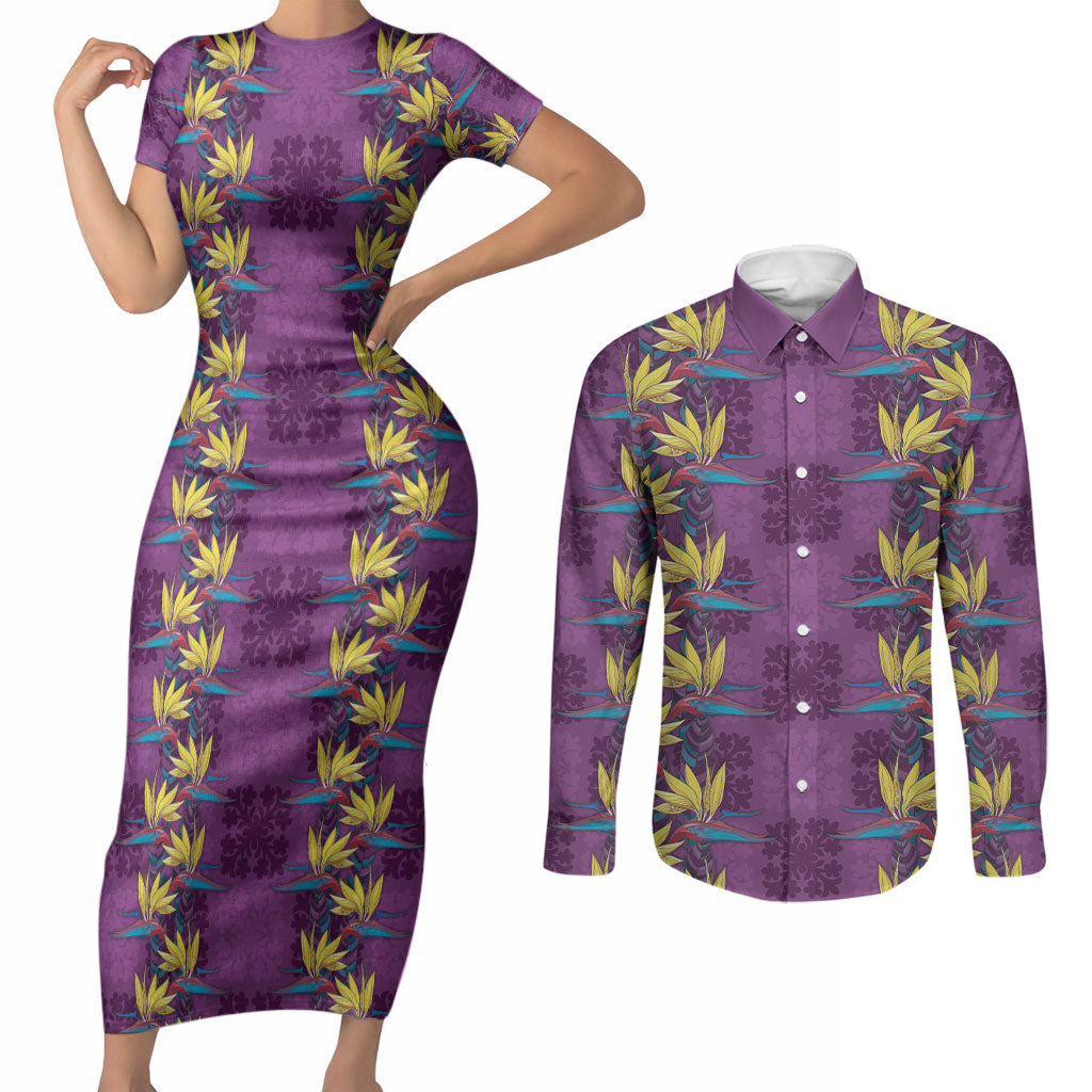 Hawaii Waikiki King Couples Matching Short Sleeve Bodycon Dress and Long Sleeve Button Shirt Purple Quilt With Pua Manu LT05 Purple - Polynesian Pride