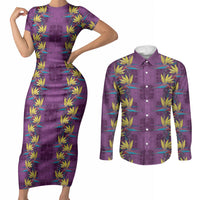 Hawaii Waikiki King Couples Matching Short Sleeve Bodycon Dress and Long Sleeve Button Shirt Purple Quilt With Pua Manu LT05 Purple - Polynesian Pride