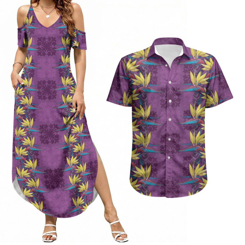 Hawaii Waikiki King Couples Matching Summer Maxi Dress and Hawaiian Shirt Purple Quilt With Pua Manu LT05 Purple - Polynesian Pride