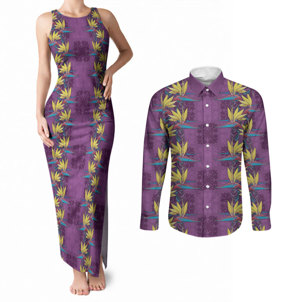 Hawaii Waikiki King Couples Matching Tank Maxi Dress and Long Sleeve Button Shirt Purple Quilt With Pua Manu LT05 Purple - Polynesian Pride