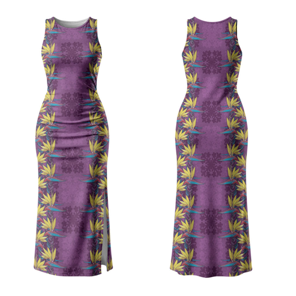 Hawaii Waikiki King Couples Matching Tank Maxi Dress and Long Sleeve Button Shirt Purple Quilt With Pua Manu LT05 - Polynesian Pride