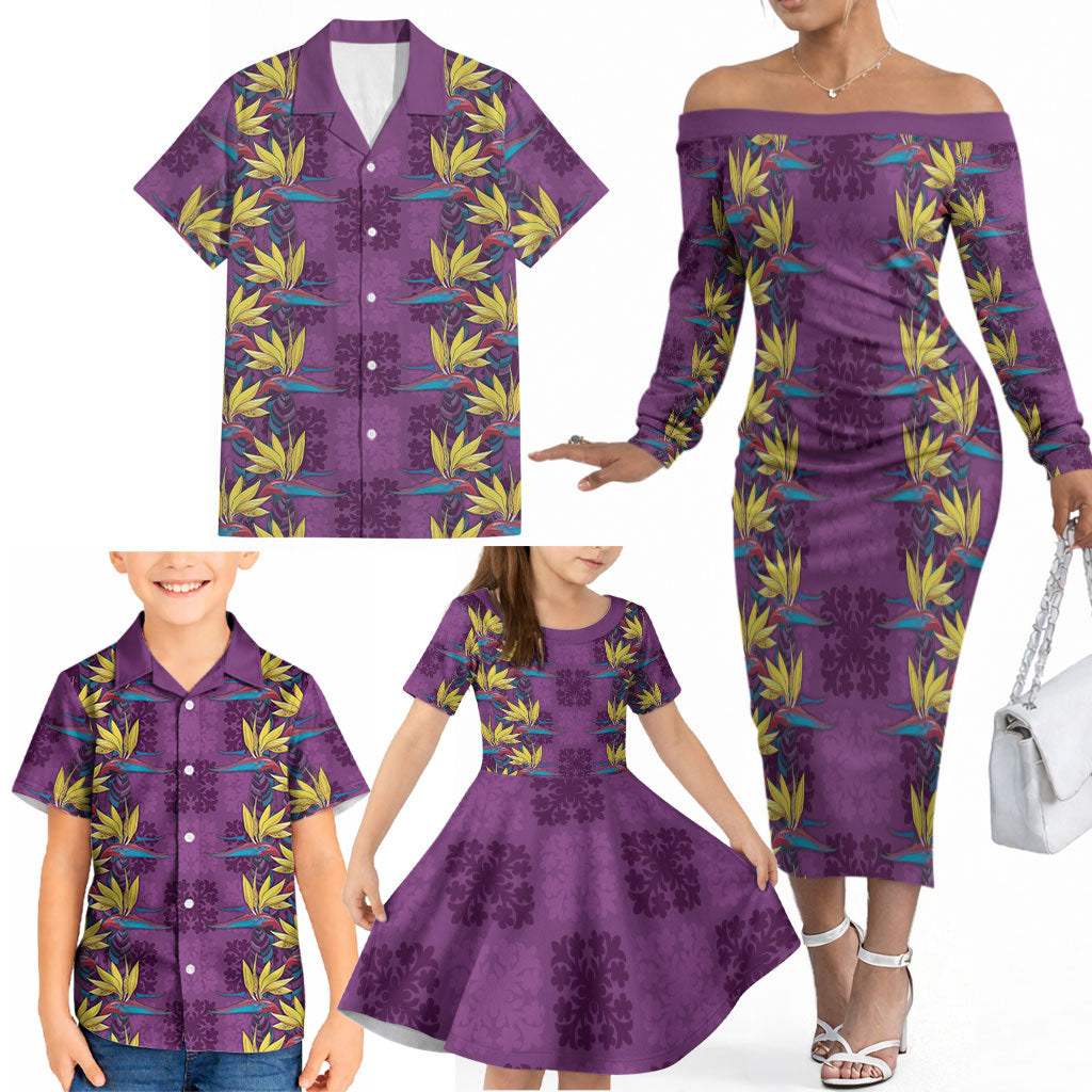 Hawaii Waikiki King Family Matching Off The Shoulder Long Sleeve Dress and Hawaiian Shirt Purple Quilt With Pua Manu LT05 - Polynesian Pride