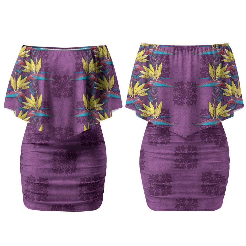 Hawaii Waikiki King Family Matching Off Shoulder Short Dress and Hawaiian Shirt Purple Quilt With Pua Manu LT05 Mom's Dress Purple - Polynesian Pride