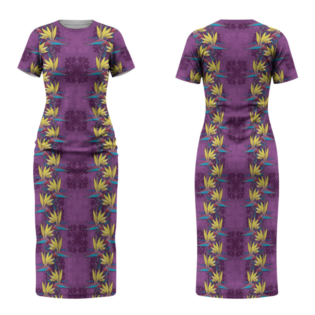 Hawaii Waikiki King Family Matching Short Sleeve Bodycon Dress and Hawaiian Shirt Purple Quilt With Pua Manu LT05 Mom's Dress Purple - Polynesian Pride