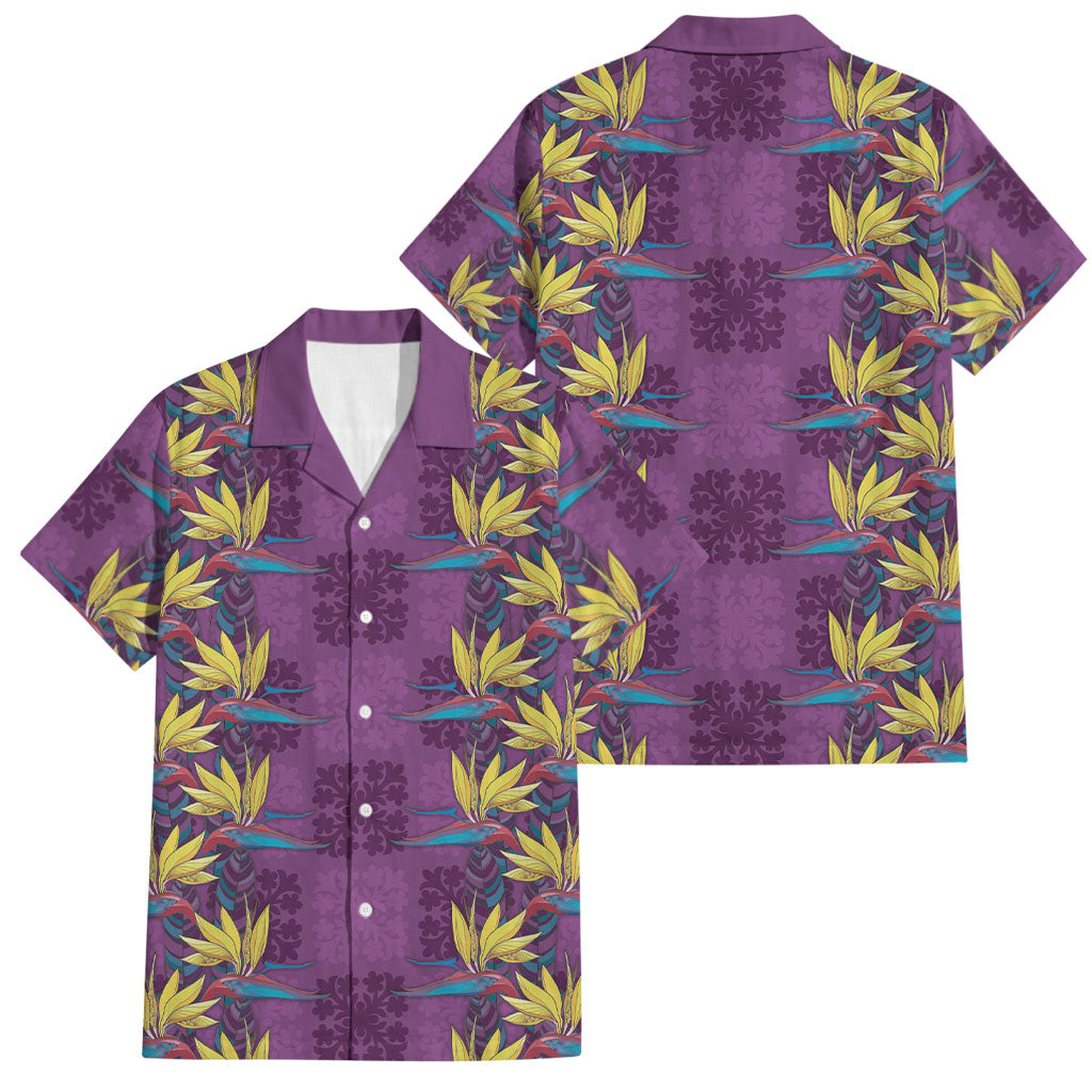 Hawaii Waikiki King Family Matching Short Sleeve Bodycon Dress and Hawaiian Shirt Purple Quilt With Pua Manu LT05 Dad's Shirt - Short Sleeve Purple - Polynesian Pride