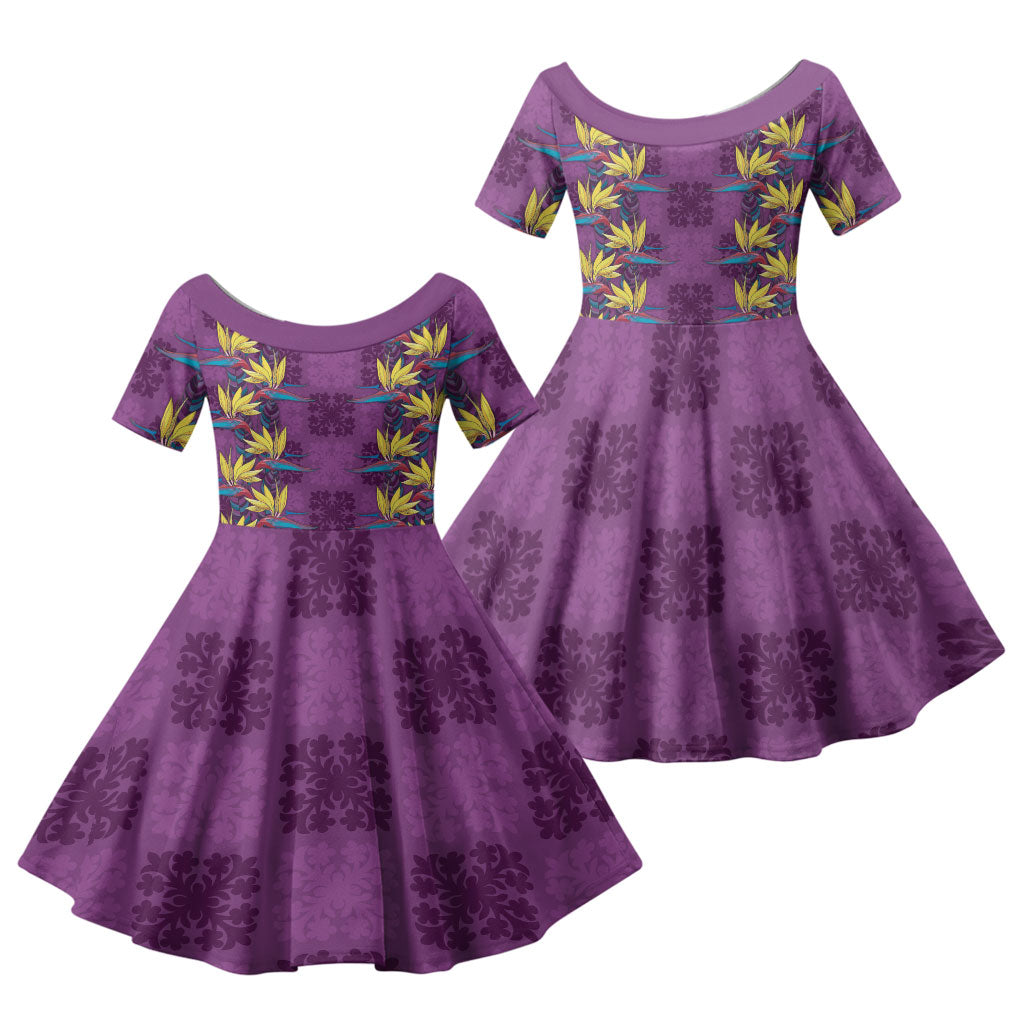 Hawaii Waikiki King Family Matching Short Sleeve Bodycon Dress and Hawaiian Shirt Purple Quilt With Pua Manu LT05 Daughter's Dress Purple - Polynesian Pride