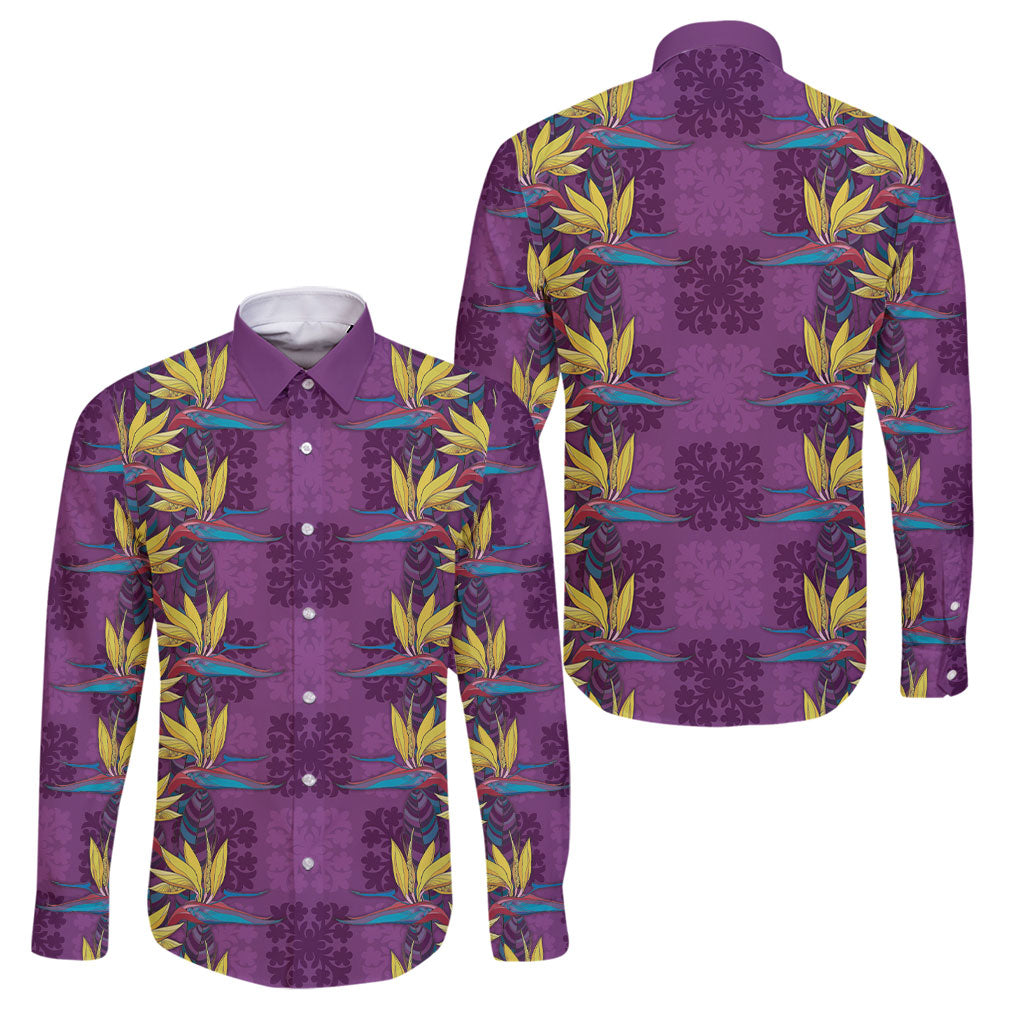 Hawaii Waikiki King Family Matching Tank Maxi Dress and Hawaiian Shirt Purple Quilt With Pua Manu LT05 Dad's Shirt - Long Sleeve Purple - Polynesian Pride