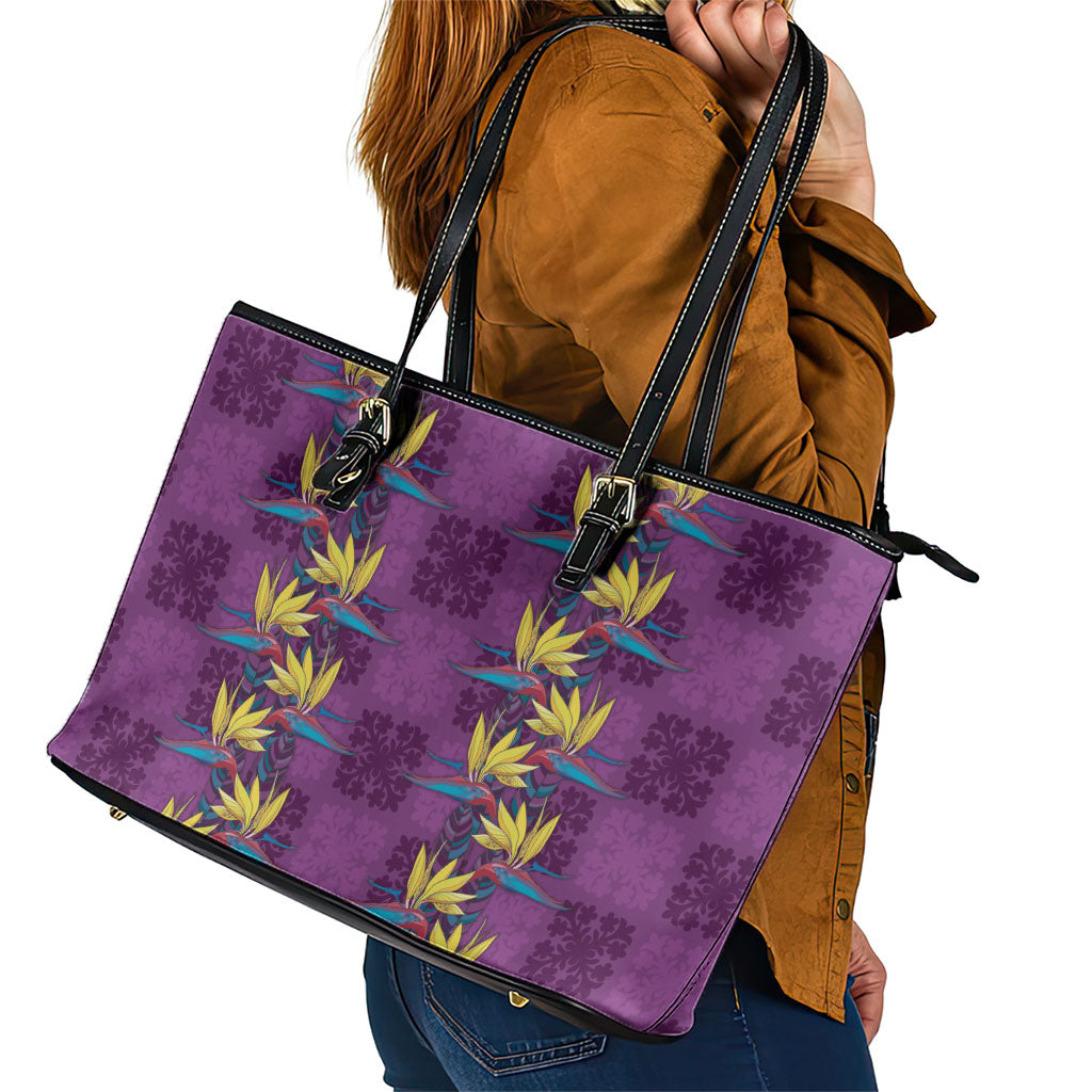 Hawaii Waikiki King Leather Tote Bag Purple Quilt With Pua Manu LT05 - Polynesian Pride