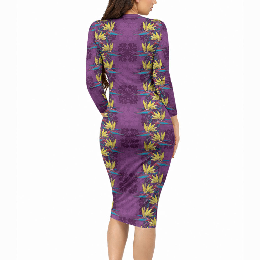 Hawaii Waikiki King Long Sleeve Bodycon Dress Purple Quilt With Pua Manu LT05 - Polynesian Pride