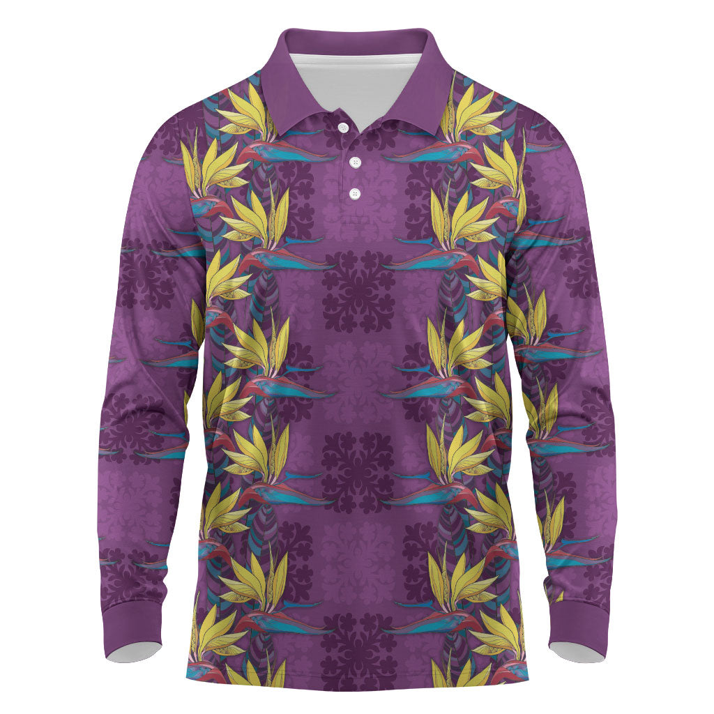 Hawaii Waikiki King Long Sleeve Polo Shirt Purple Quilt With Pua Manu LT05 Purple - Polynesian Pride
