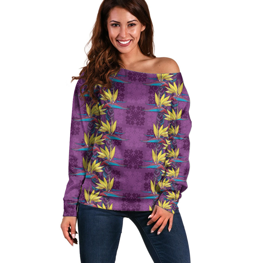 Hawaii Waikiki King Off Shoulder Sweater Purple Quilt With Pua Manu LT05 Women Purple - Polynesian Pride