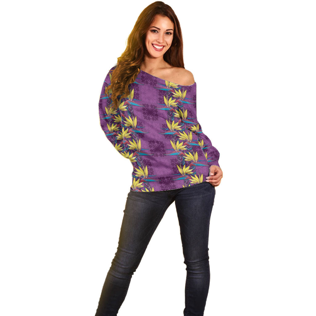 Hawaii Waikiki King Off Shoulder Sweater Purple Quilt With Pua Manu LT05 - Polynesian Pride
