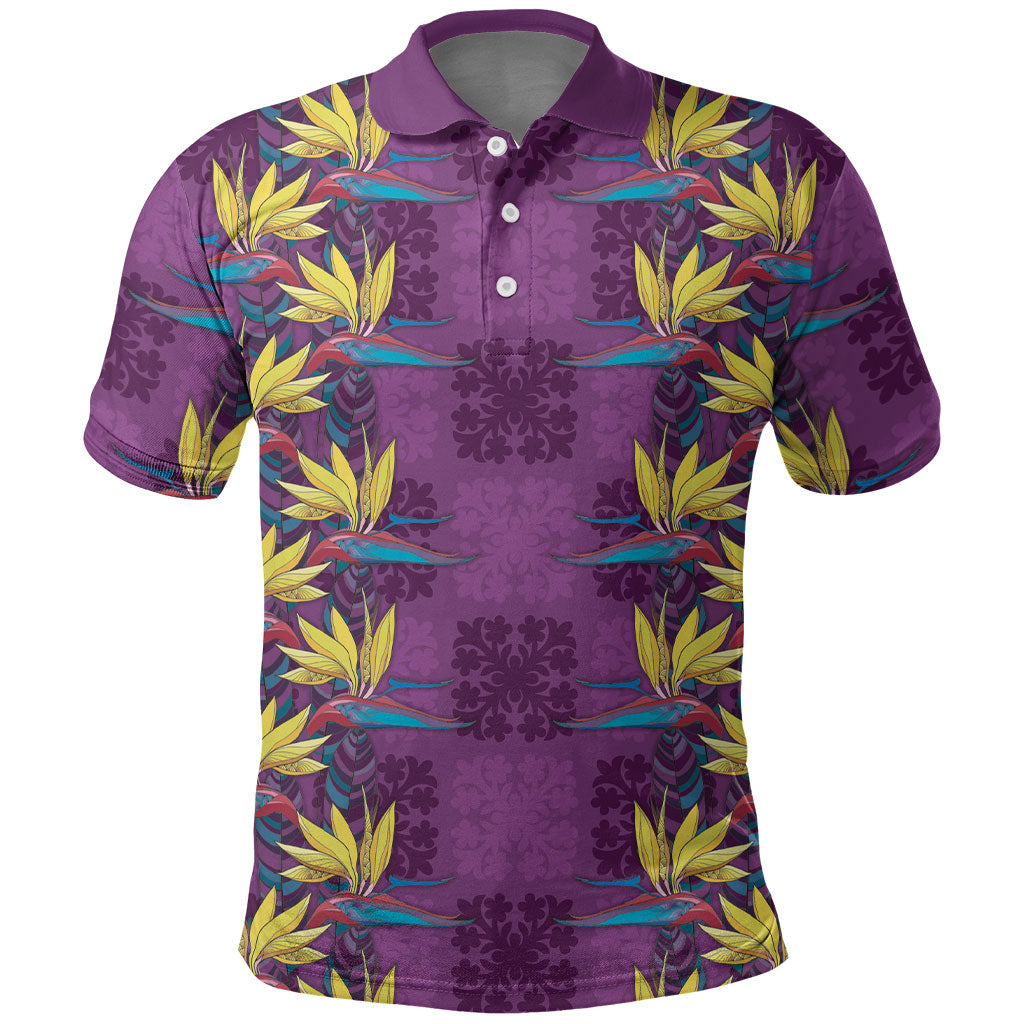 Hawaii Waikiki King Polo Shirt Purple Quilt With Pua Manu LT05 Purple - Polynesian Pride