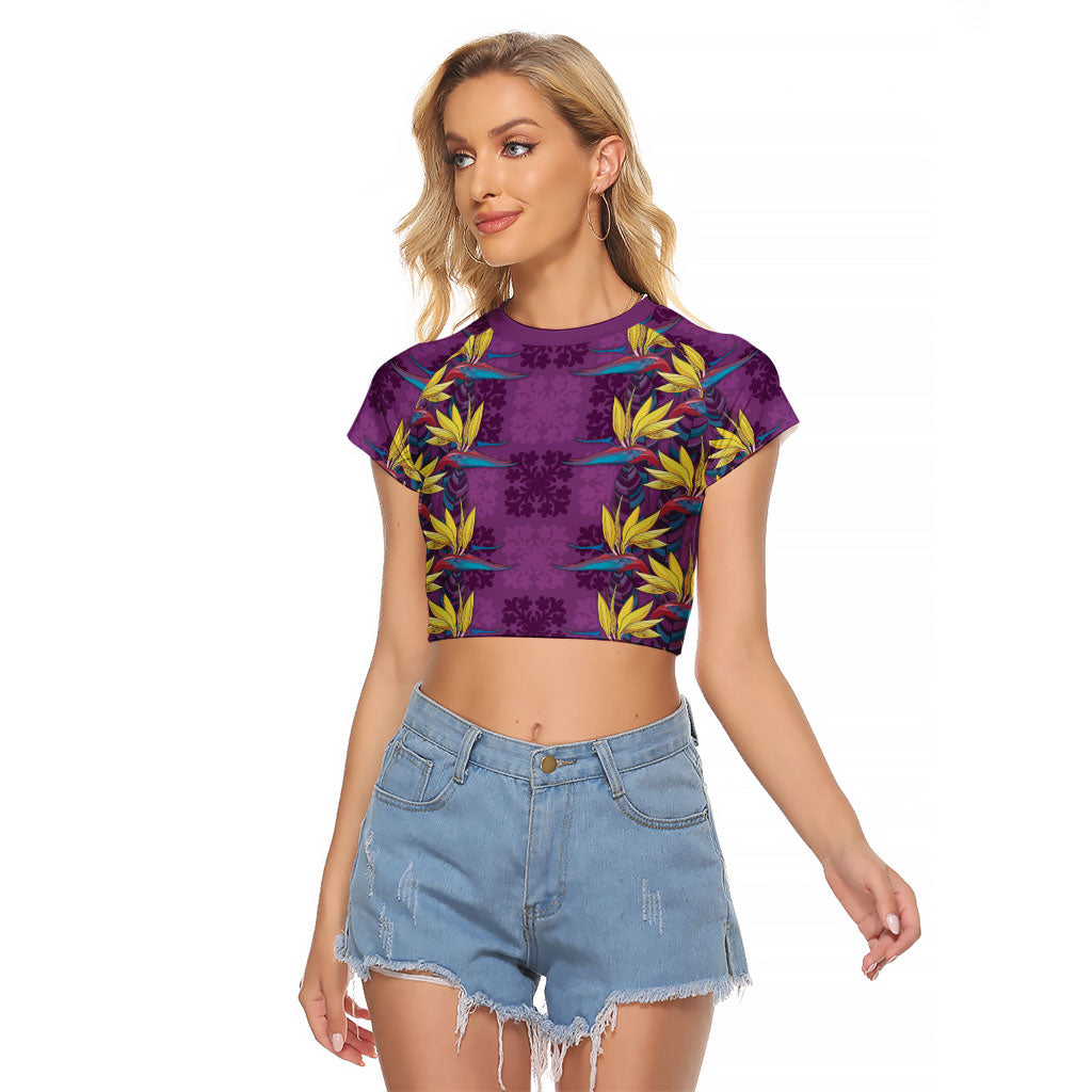 Hawaii Waikiki King Raglan Cropped T Shirt Purple Quilt With Pua Manu LT05 Female Purple - Polynesian Pride