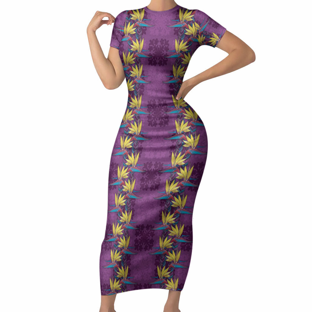 Hawaii Waikiki King Short Sleeve Bodycon Dress Purple Quilt With Pua Manu LT05 Long Dress Purple - Polynesian Pride