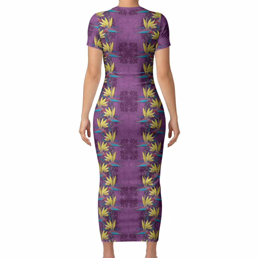 Hawaii Waikiki King Short Sleeve Bodycon Dress Purple Quilt With Pua Manu LT05 - Polynesian Pride